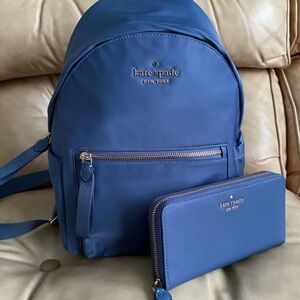 Super Nice Kate Spade Backpack & Long Zip Wallet Slate Blue Nylon